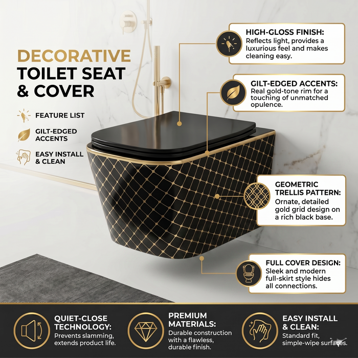 Bassino Black & Gold Designer Wall Hung Toilet – Rimless WC with UF Seat Cover | Luxury Modern Bathroom | 20.5 x 13.5 x 14 inches