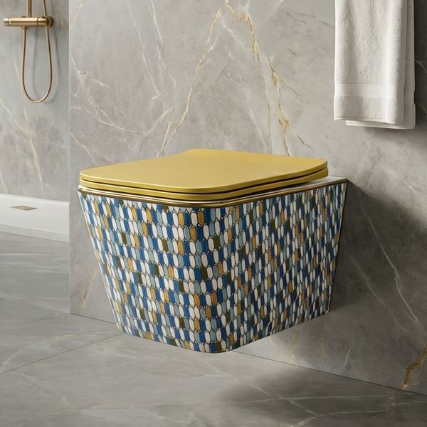 Bassino Designer Wall Hung Toilet (20.5 x 13.5 x 14 Inch) | Golden UF Seat Cover Rimless WC | Modern Commode