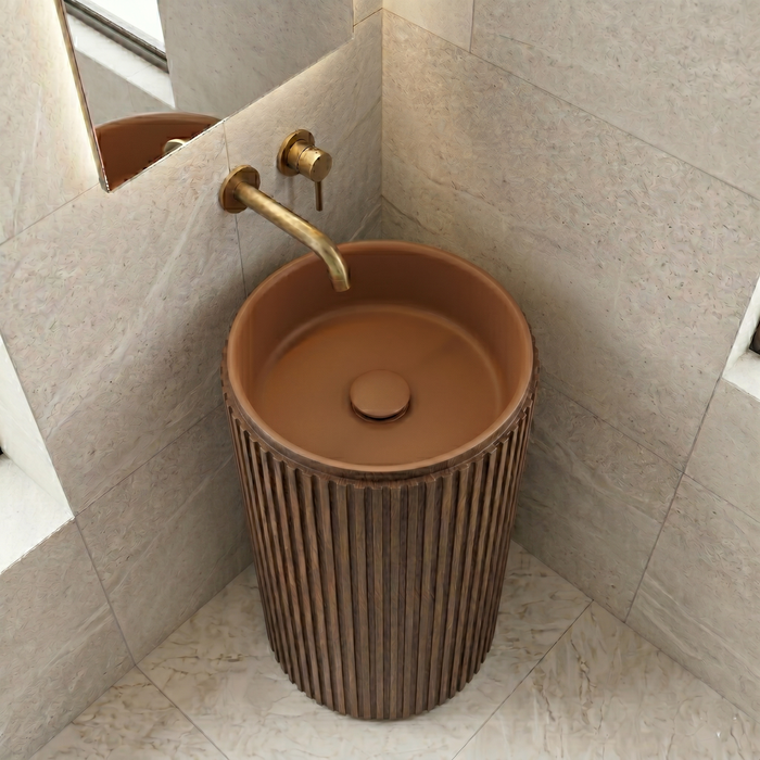 Bassino Wooden Texture Pedestal Basin – Artificial Stone (18×18×36 inch)