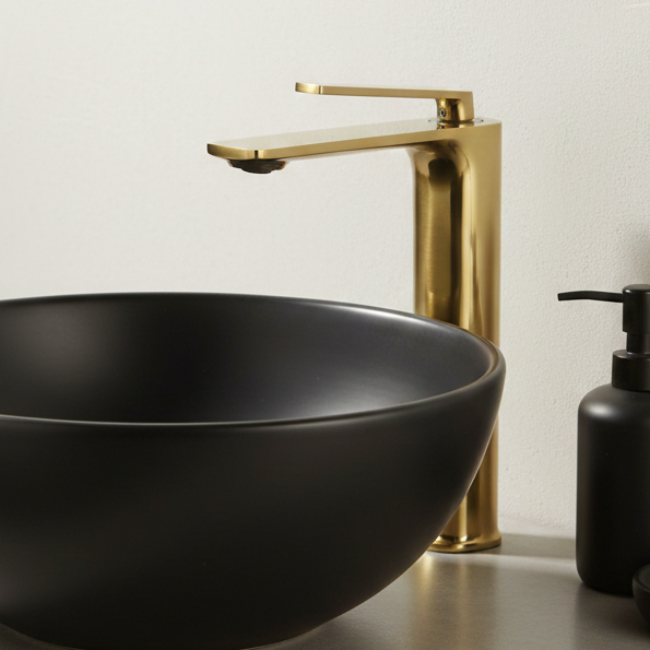 Premium Brass Tall Basin Mixer Faucet, Brushed Gold Finish (Hot & Cold) NCGF-511 – 5 Years Warranty