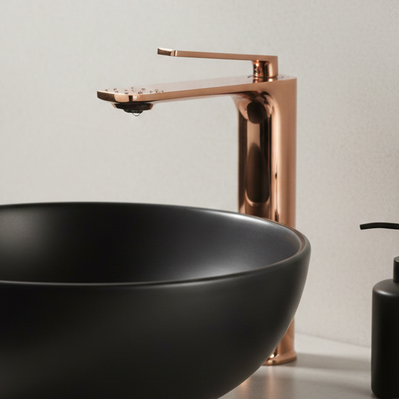 Premium Brass Tall Basin Mixer Faucet, Brushed Rose Gold Finish (Hot & Cold) NCGF-512 – 5 Years Warranty