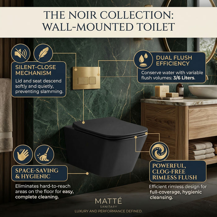 Bassino Full Matt Black Wall Hung Toilet – Rimless WC with UF Seat Cover | 20.5 x 13.5 x 14 Inches
