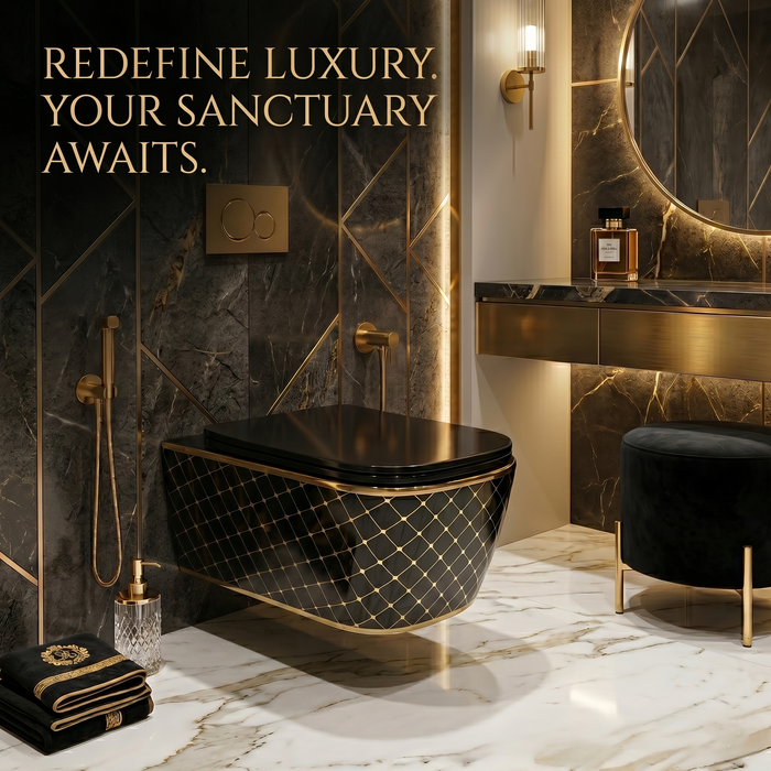 Bassino Black & Gold Designer Wall Hung Toilet – Rimless WC with UF Seat Cover | Luxury Modern Bathroom | 20.5 x 13.5 x 14 inches
