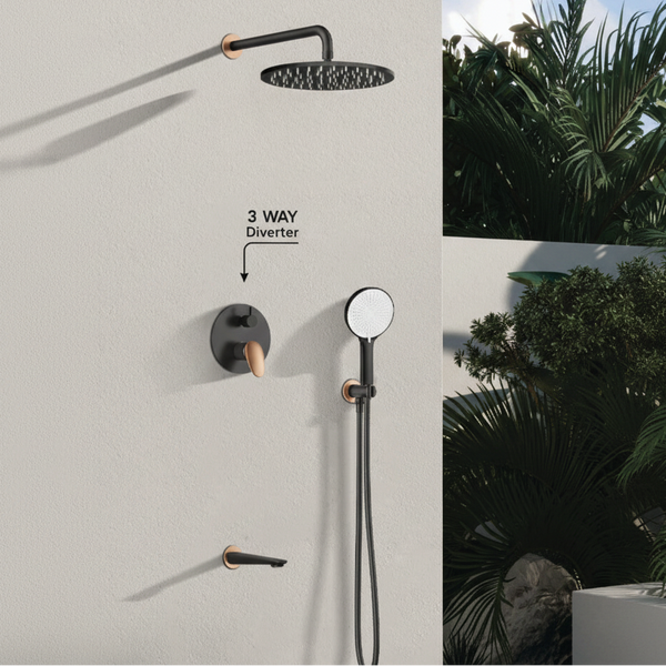 BASSINO Luxury Concealed Shower Set | Overhead Rain Shower with Hand Shower & Spout- 5 Years Warranty Matt Black with Rose Gold