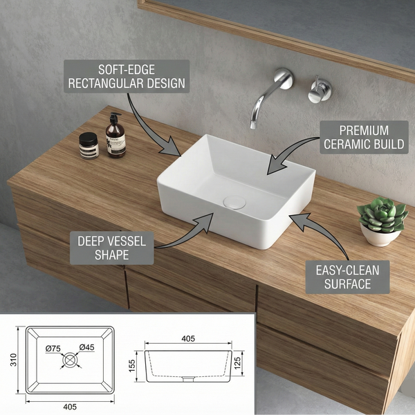 Luxury Modern Ceramic Compact Rectangular Table Top Basin (SPRITE) (405x310x125mm)