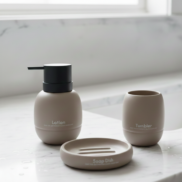 3-Piece Premium Ceramic Bathroom Accessory Set Beige