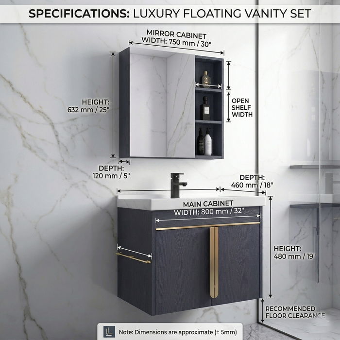 BASSINO Bathroom Vanity Cabinet Set – 32″ Wall Mounted Stainless Steel Vanity with Ceramic Basin & Mirror Cabinet