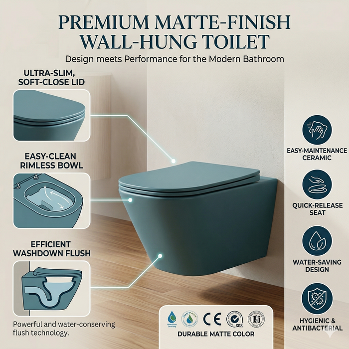 Bassino Matt Kohler Blue Wall Hung Toilet – Rimless WC with UF Seat Cover | 20.5 x 13.5 x 14 Inches