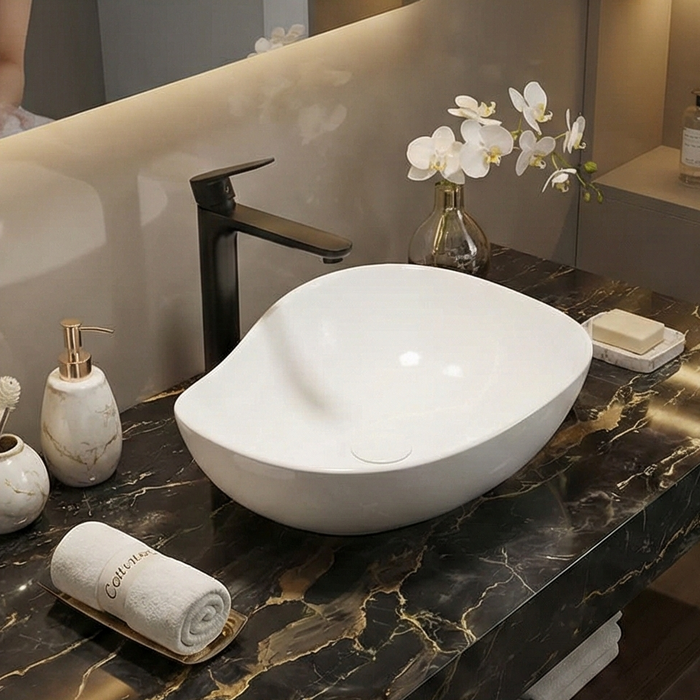 Premium Ceramic Table Top Wash Basin, White Glossy (20.5 x 15 x 7.5 In) WT-091