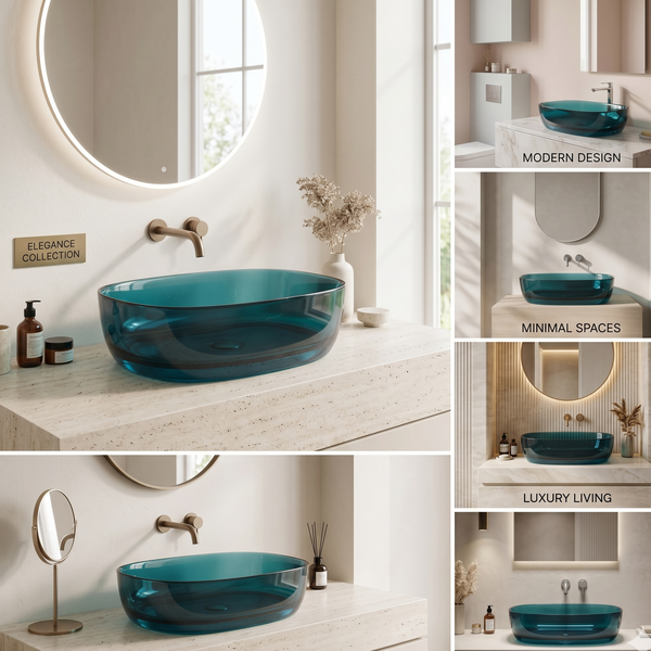 Bassino Modern Transparent Resin Wash Basin | Stylish Countertop Wash Basin for Bathroom–550x360x140 mm Blue