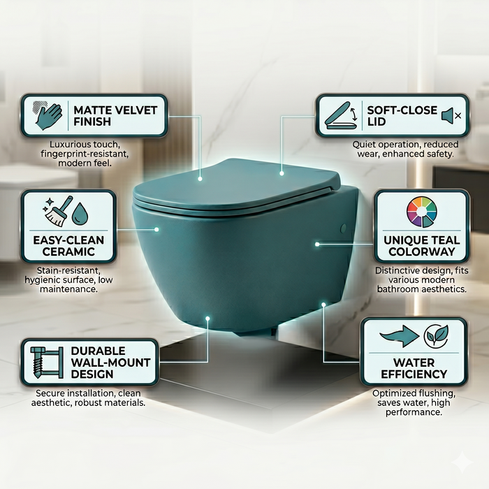Bassino Wall Hung Toilet (21 x 13 x 14 Inches) – Matte Green Rimless WC with Tornado Flushing | Modern Designer Toilet