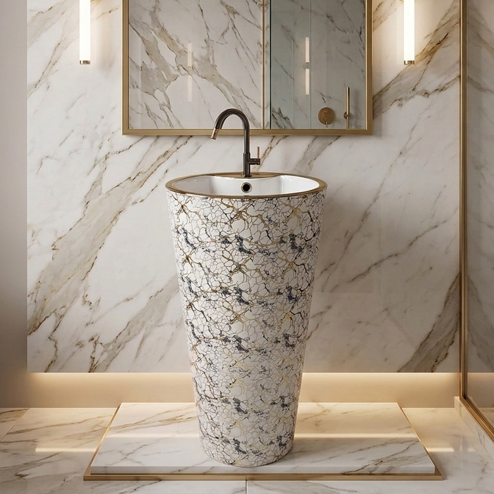 BASSINO Imported  marble-inspired exterior Designer Pedestal Basin 16″ × 16″ × 33" IN
