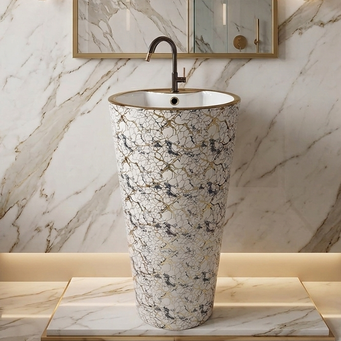 BASSINO Imported  marble-inspired exterior Designer Pedestal Basin 16″ × 16″ × 33" IN