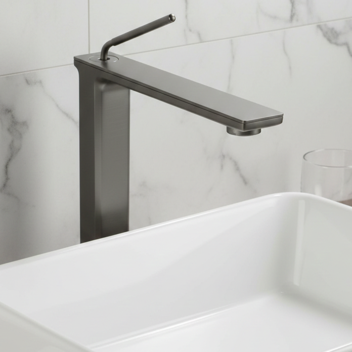 Premium Brass Tall Basin Mixer Tap, Gun Grey Finish, Tall Size (NCGF 506) – 5 Years Warranty