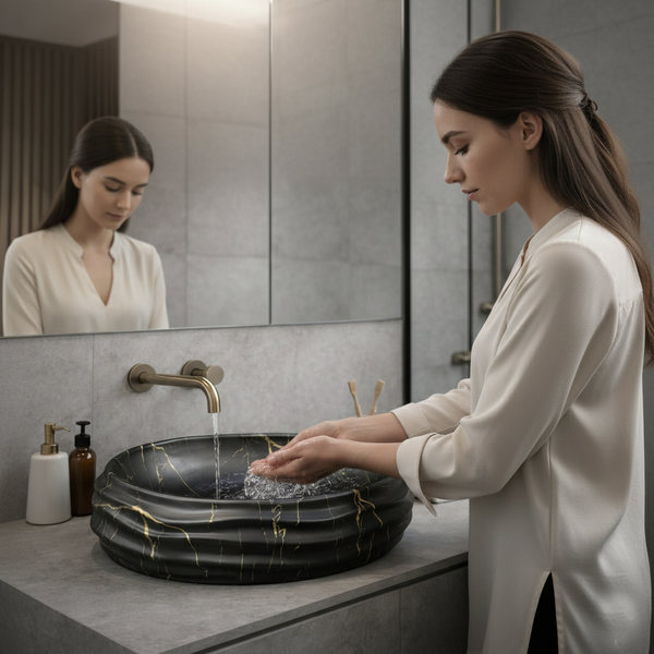 Glossy Marble Oval Countertop Wash Basin | (22" × 14.5" × 6.1" IN) Matt Marble Black