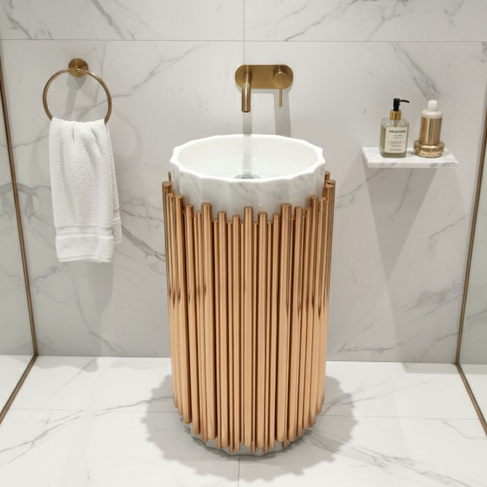 BASSINO Royal Fluted Black & Brushed Gold Pedestal Basin White