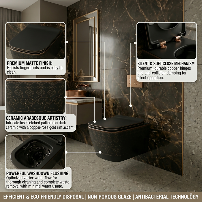 Bassino Wall Hung Toilet (21 x 13 x 14 Inches) – Matte Black Moroccan Finish Rimless WC with UF Seat Cover | Luxury Designer Toilet