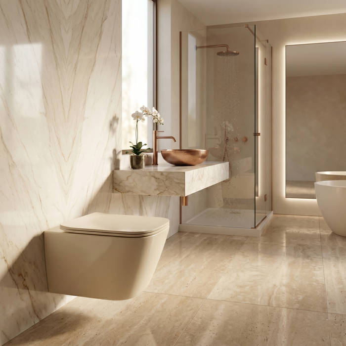 Bassino Wall Hung Toilet (21 x 13 x 14 Inches) – Matte Ivory Rimless WC with Tornado Flushing | Modern Designer Toilet