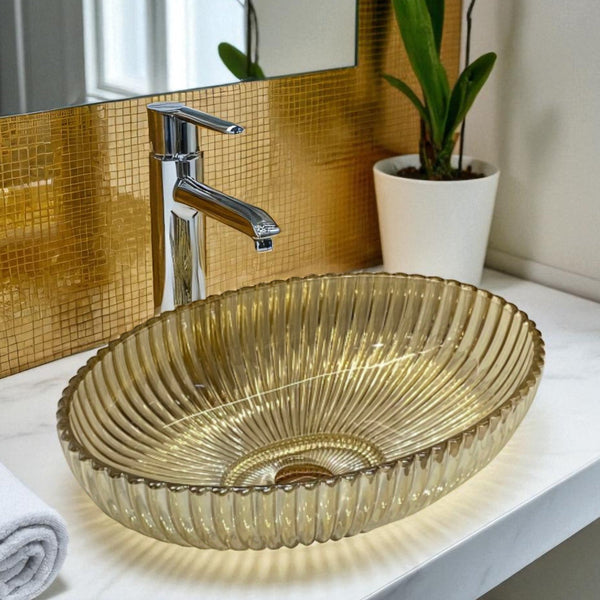 Premium Glass Table Top Wash Basin, Transparent Finish (530x350x150 MM) Gold