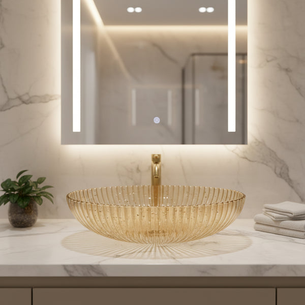 Premium Glass Table Top Wash Basin, Transparent Finish (530x350x150 MM) Gold