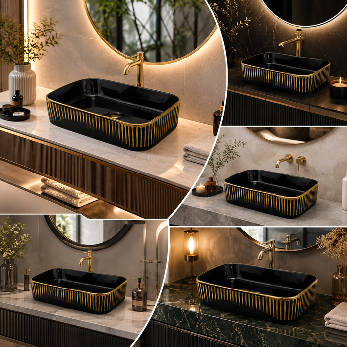 Glossy Black Rectangular Countertop Wash Basin with Gold Pattern 