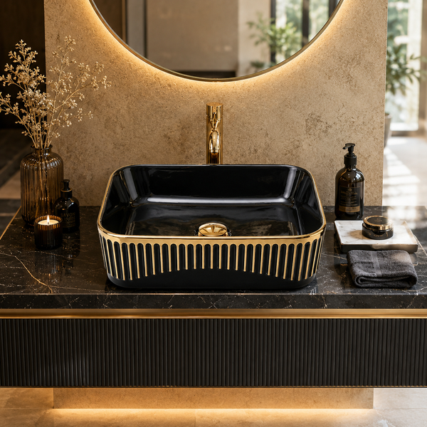 Glossy Black Rectangular Countertop Wash Basin with Gold Pattern – (20" × 13" × 5.5" IN) Black