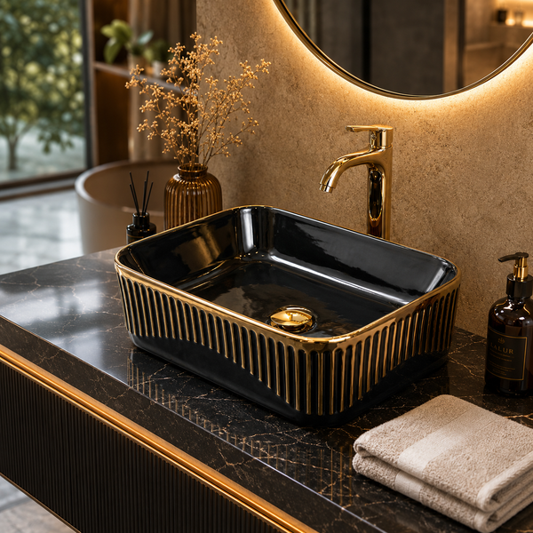 Glossy Black Rectangular Countertop Wash Basin with Gold Pattern – (20" × 13" × 5.5" IN) Black