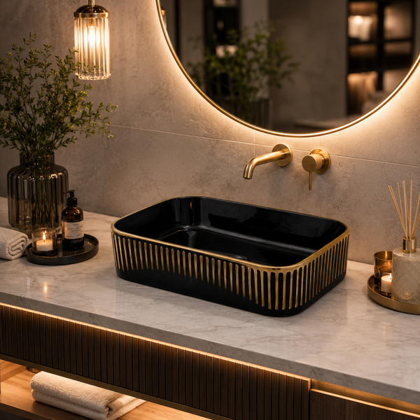 Glossy Black Rectangular Countertop Wash Basin with Gold Pattern – (20" × 13" × 5.5" IN) Black