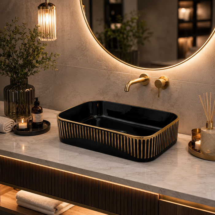 Glossy Black Rectangular Countertop Wash Basin with Gold Pattern 
