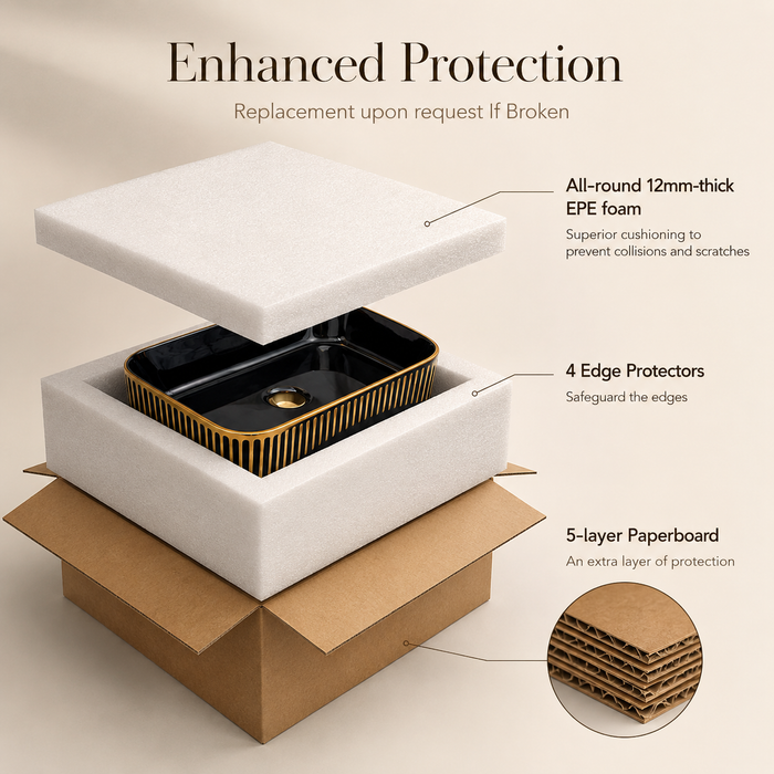 Glossy Black Rectangular Countertop Wash Basin with Gold Pattern 