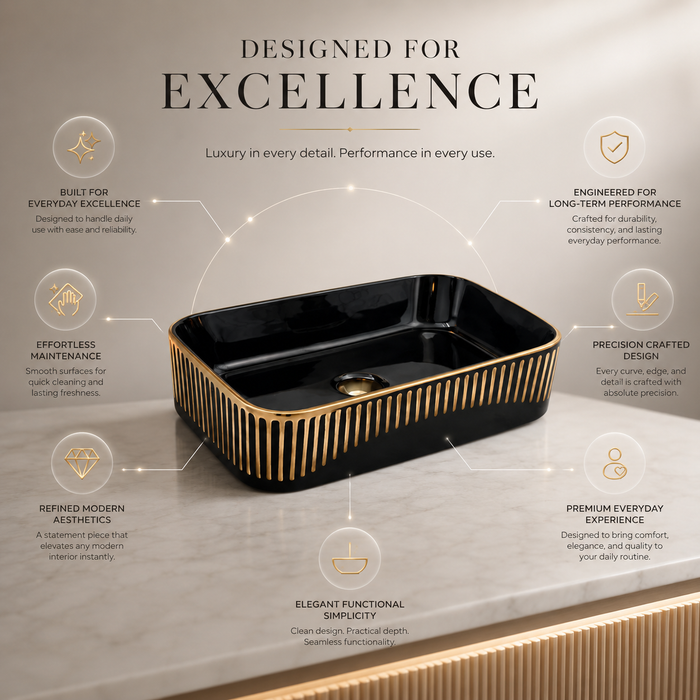 Glossy Black Rectangular Countertop Wash Basin with Gold Pattern 