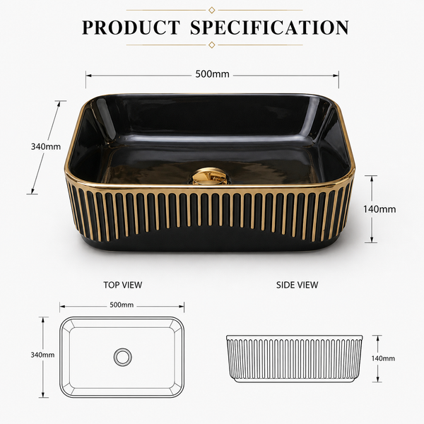 Glossy Black Rectangular Countertop Wash Basin with Gold Pattern – (20" × 13" × 5.5" IN) Black