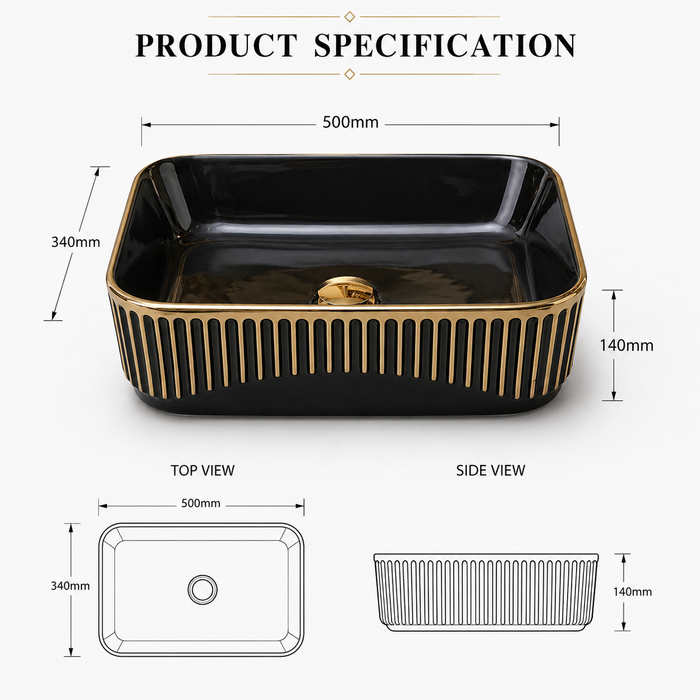 Glossy Black Rectangular Countertop Wash Basin with Gold Pattern 