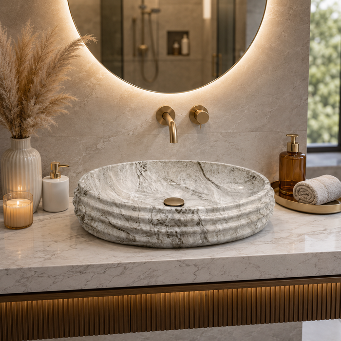 Glossy Marble Grey Oval Countertop Wash Basin 