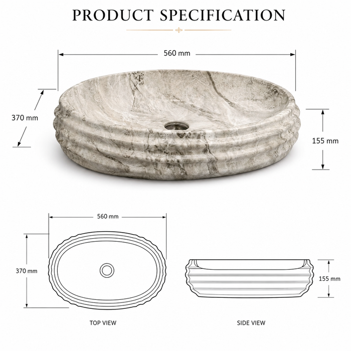 Glossy Marble Grey Oval Countertop Wash Basin 