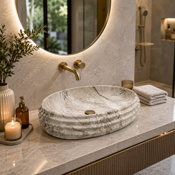 Glossy Marble Grey Oval Countertop Wash Basin 