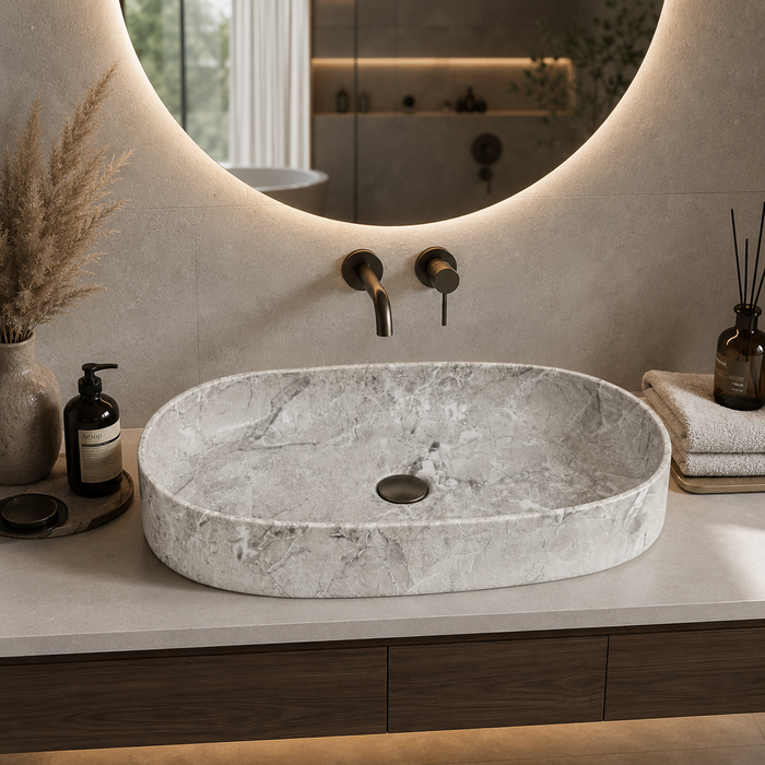Glossy Marble Oval Countertop Long Wash Basin 