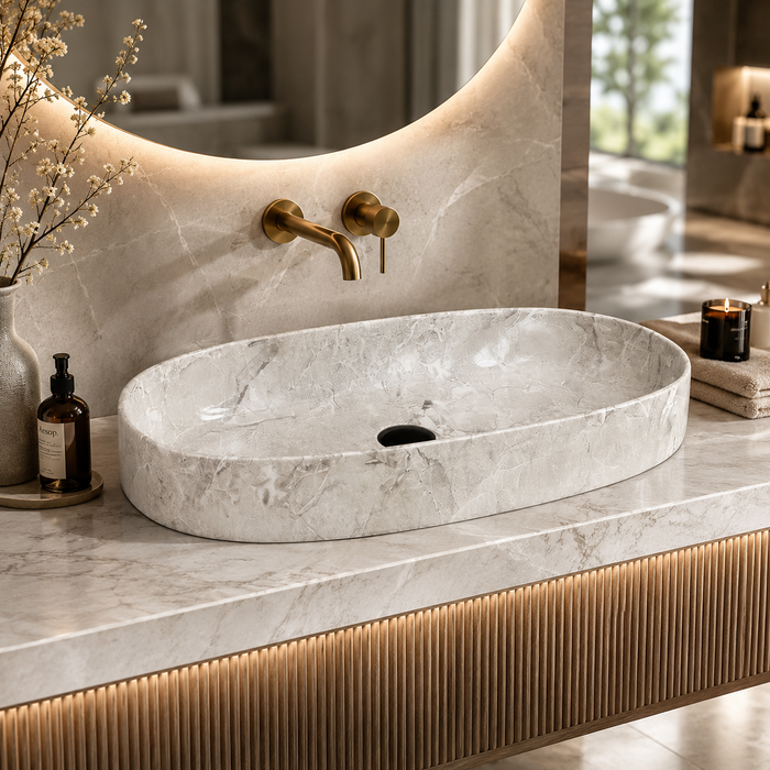 Glossy Marble Oval Countertop Long Wash Basin 