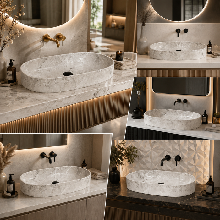 Glossy Marble Oval Countertop Long Wash Basin 