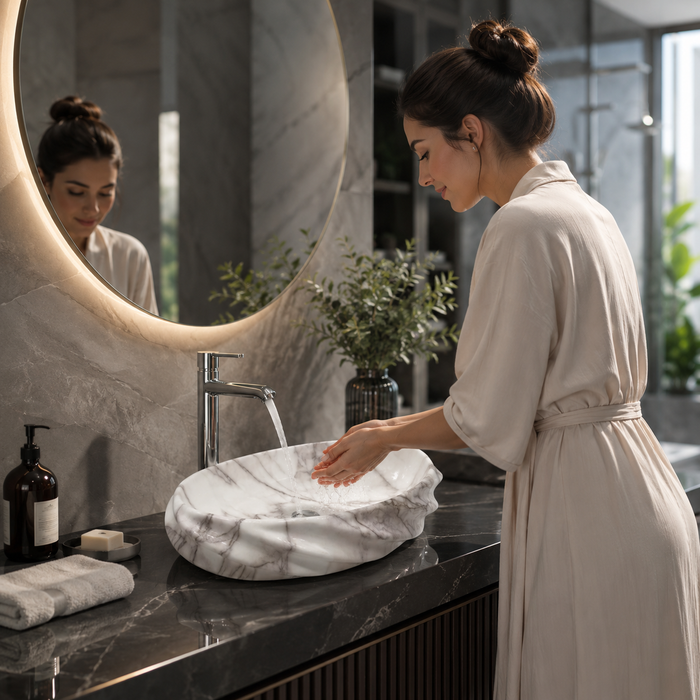 Glossy Marble Oval Countertop Wash Basin 