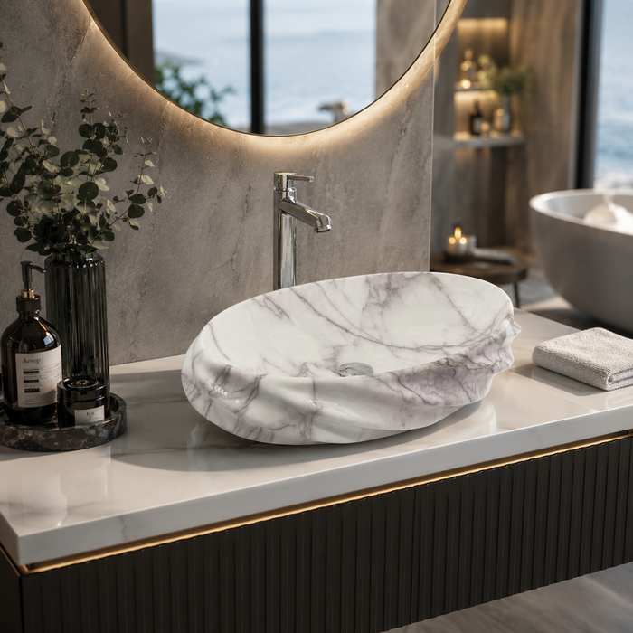 Glossy Marble Oval Countertop Wash Basin 