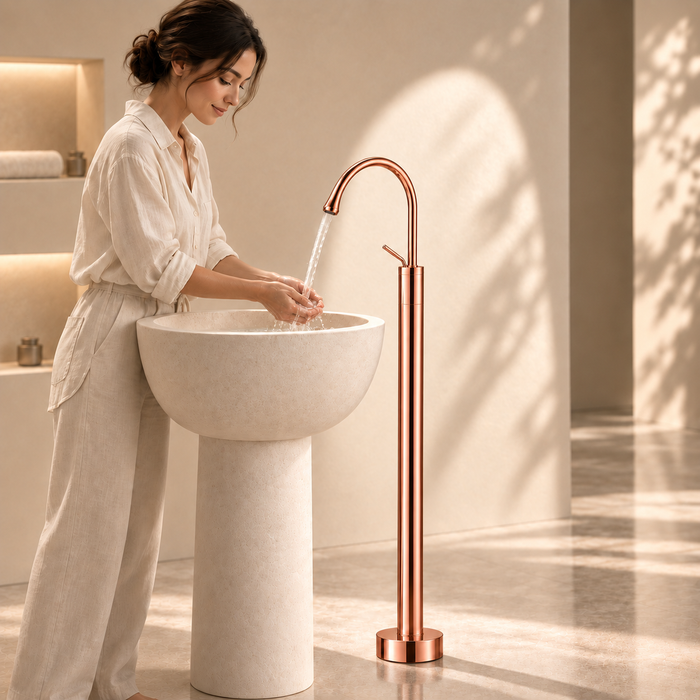 Glossy Rose gold floor mount basin faucet with tall curved spout and single lever handle, modern freestanding bathroom tap for luxury wash basin installations by Bassino.