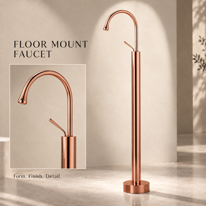 Glossy Rose gold floor mount basin faucet with tall curved spout and single lever handle, modern freestanding bathroom tap for luxury wash basin installations by Bassino.