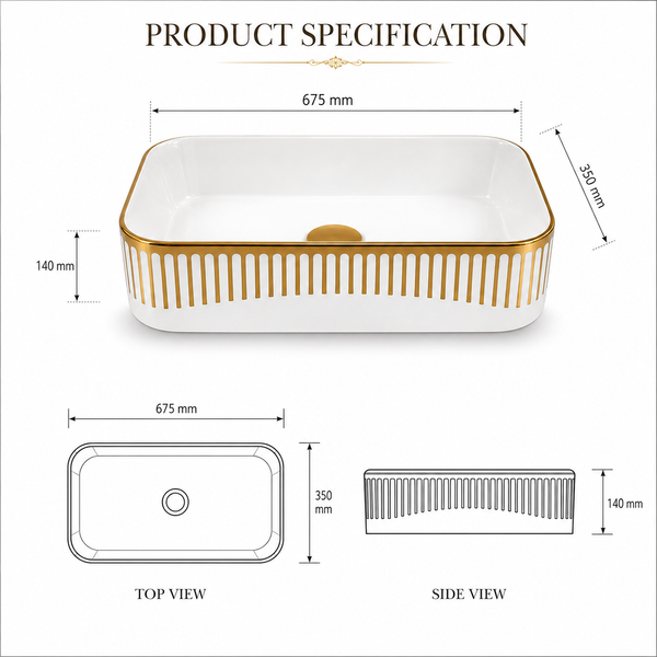 Glossy White Rectangular Countertop Wash Basin with Gold Pattern – (20" × 13" × 5.5" IN) White