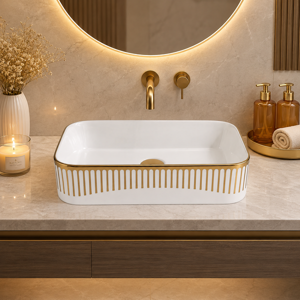 Glossy White Rectangular Countertop Wash Basin with Gold Pattern – (20" × 13" × 5.5" IN) White