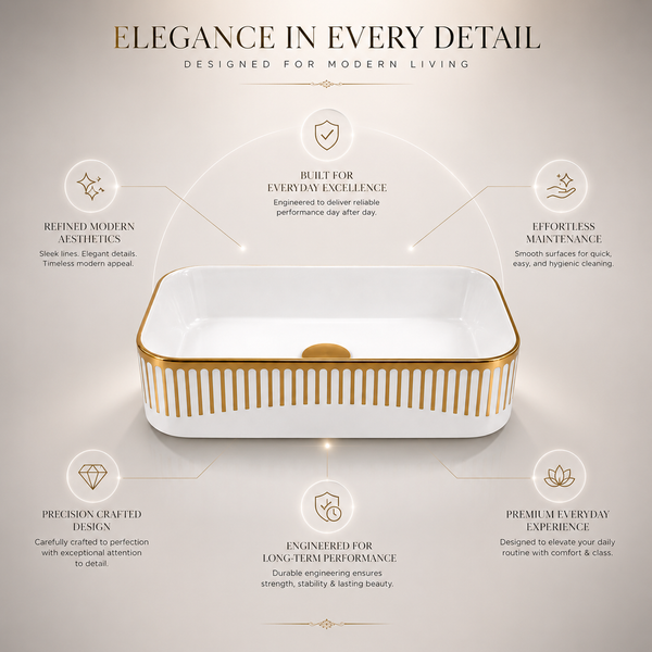 Glossy White Rectangular Countertop Wash Basin with Gold Pattern – (20" × 13" × 5.5" IN) White
