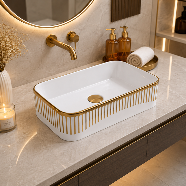 Glossy White Rectangular Countertop Wash Basin with Gold Pattern – (20" × 13" × 5.5" IN) White
