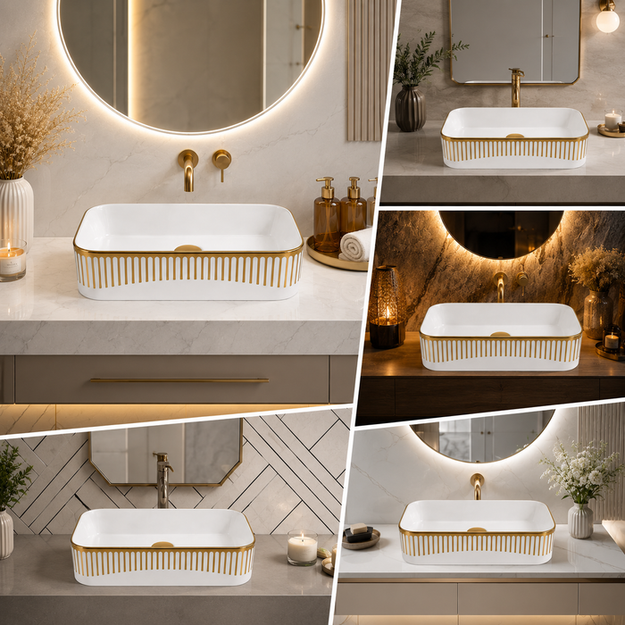 Glossy White Rectangular Countertop Wash Basin with Gold Pattern 