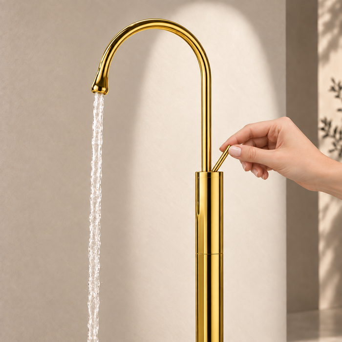 Glossy gold floor mount basin faucet with tall curved spout and single lever handle, modern freestanding bathroom tap for luxury wash basin installations by Bassino.