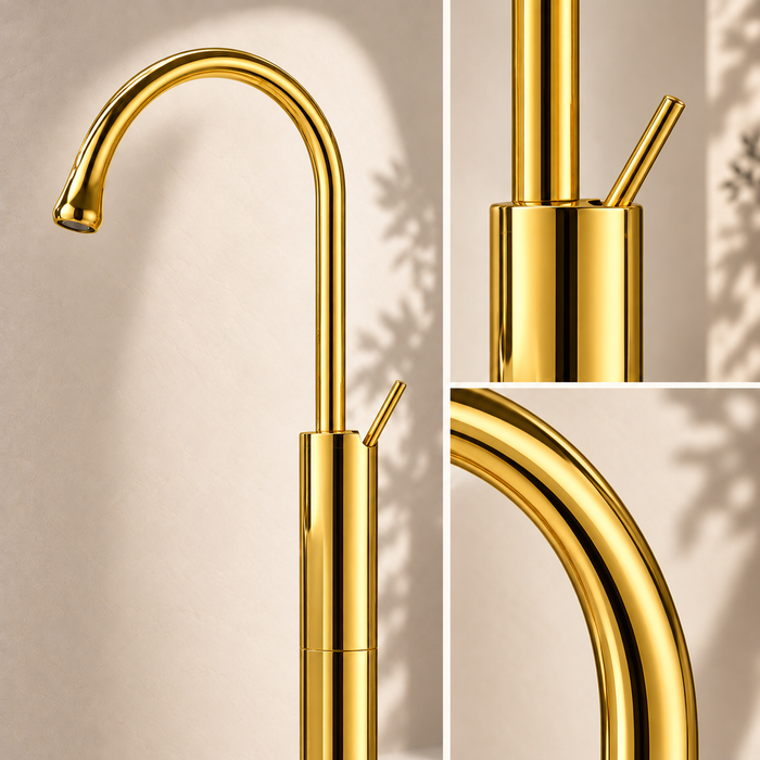 Glossy gold floor mount basin faucet with tall curved spout and single lever handle, modern freestanding bathroom tap for luxury wash basin installations by Bassino.